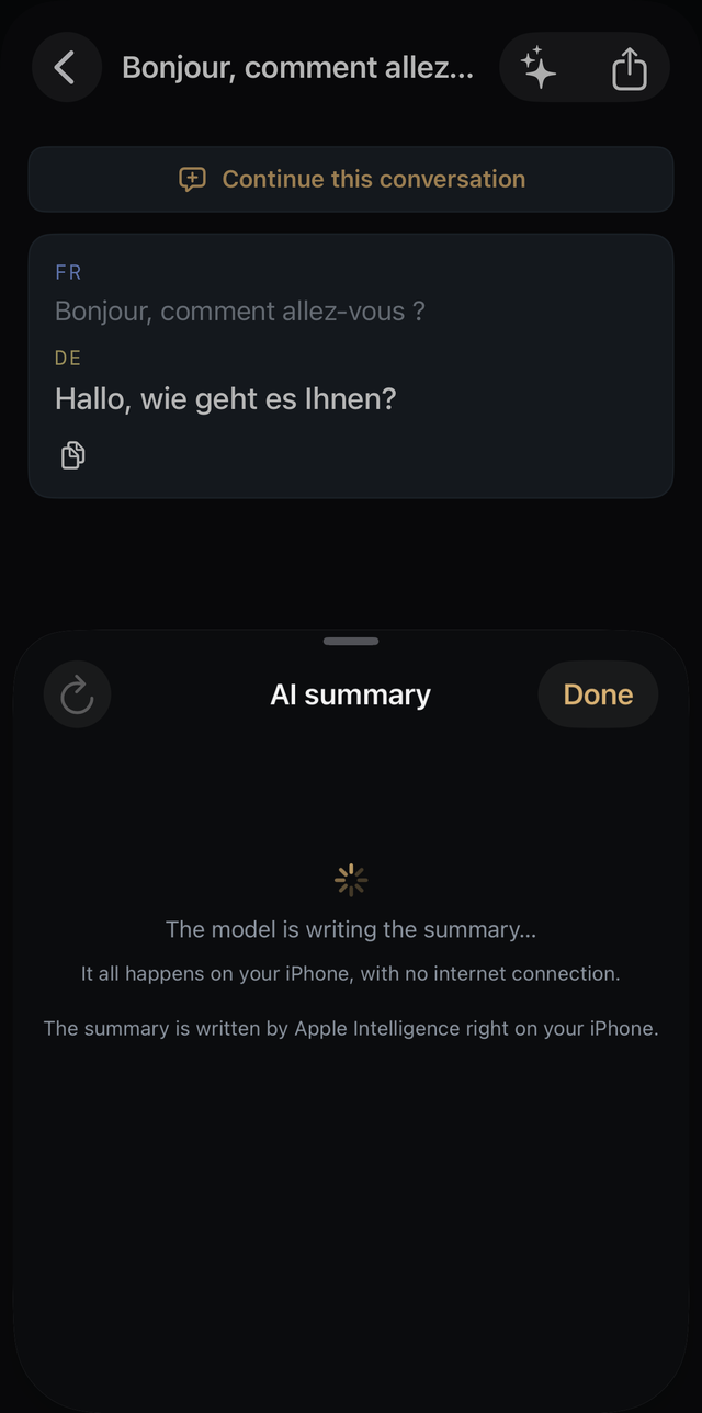 Conversation summary written by Apple Intelligence on the iPhone